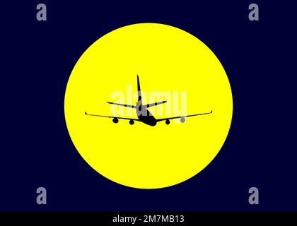black silhouette of the plane against the yellow sun in the dark sky Stock Photo