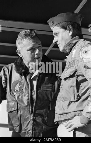 Vice Admiral John J. Shanahan, Commander, US Second Fleet, left, meets with Rear Admiral Frederick F. Palmer, commander, Amphibious Group Two, aboard their flagship, the amphibious command ship USS MOUNT WHITNEY (LCC 20) en route to the allied Exercise TEAM WORK '76. The exercise is scheduled for September 15-24. Subject Operation/Series: TEAM WORK '76 Country: Unknown Stock Photo
