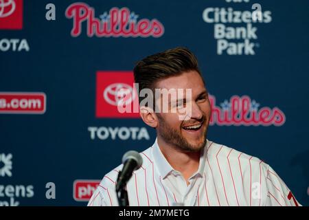 Trea Turner of the Philadelphia Phillies smiles during his News