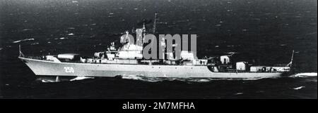 A port beam view of an anchored Soviet Krivak class destroyer underway. Country: Unknown Stock Photo