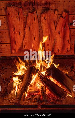 Flame salmon on the wood fire Stock Photo