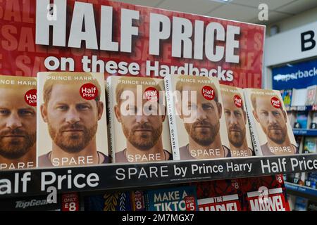 Copies of Prince Harry's new book Spare on sale at half price in a WHSmith shop in Wakefield, West Yorkshire the day after going on sale. Stock Photo