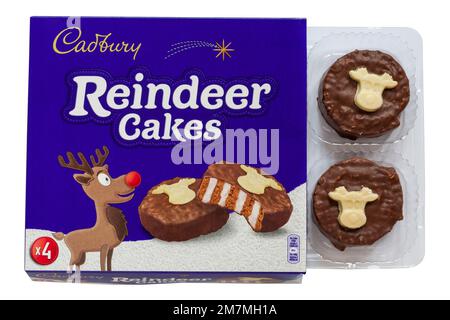 Box of Cadbury Reindeer Cakes opened to show contents isolated on white background Stock Photo