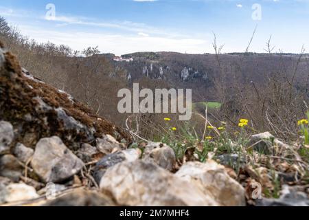 Europe, Germany, Southern Germany, Baden-Wuerttemberg, Danube Valley, Sigmaringen, Beuron, View from Eichfelsen to Wildenstein Castle Stock Photo