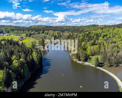 Europe, Germany, Southern Germany, Baden-Württemberg, Rems-Murr district, Swabian-Franconian Forest, Ebnisee in Swabian Forest from bird's eye view Stock Photo