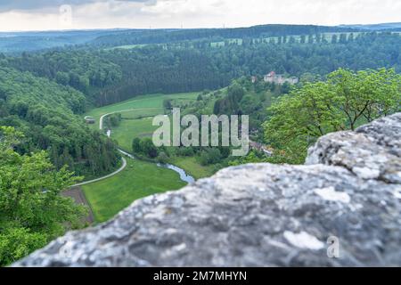 Europe, Germany, Southern Germany, Baden-Wuerttemberg, Swabian Alb, Münsingen, View from Hohengundelfingen Castle into the Great Lauter Valley Stock Photo