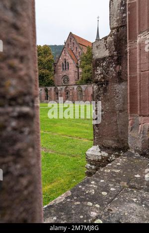 Europe, Germany, Southern Germany, Baden-Wuerttemberg, Black Forest, Hirsau, View through a window in the cloister to the Lady Chapel in Hirsau Monastery Stock Photo