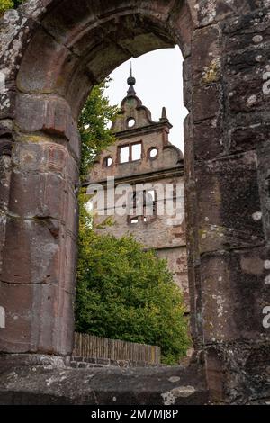 Europe, Germany, Southern Germany, Baden-Wuerttemberg, Black Forest, Hirsau, view through a window in the cloister to the castle ruins in Hirsau monastery Stock Photo