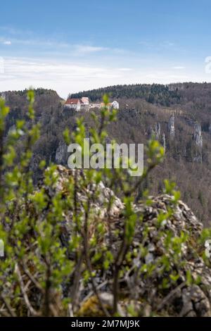 Europe, Germany, Southern Germany, Baden-Wuerttemberg, Danube Valley, Sigmaringen, Beuron, View from Eichfelsen to Wildenstein Castle Stock Photo