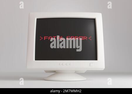 Retro CRT monitor showing pixelated text FATAL ERROR. Illustration of the concept of computer problem, software error and IT support and maintenance Stock Photo