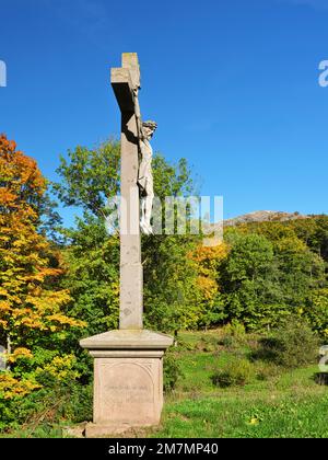 Europe, Germany, Hesse, East Hesse, UNESCO Biosphere Reserve Rhön, Hessian Rhön Nature Park, Poppenhausen, Crucifix below the Pferdskopf Stock Photo