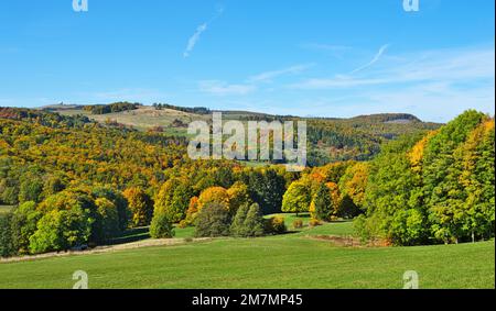 Europe, Germany, Hesse, Eastern Hesse, Rhön, UNESCO Biosphere Reserve Rhön, Hessian Rhön Nature Park, nature reserve, view over forest and meadow landscape near Wüstensachsen, view to Wasserkuppe Stock Photo