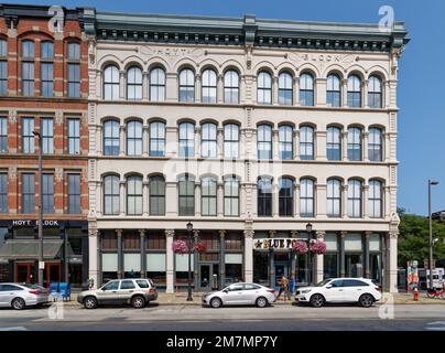 Hoyt Block, at the corner of West St. Clair Avenue and West 6th Street, is last surviving stone architecture in the Warehouse District. Stock Photo