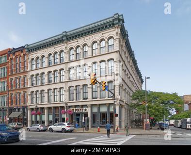 Hoyt Block, at the corner of West St. Clair Avenue and West 6th Street, is last surviving stone architecture in the Warehouse District. Stock Photo