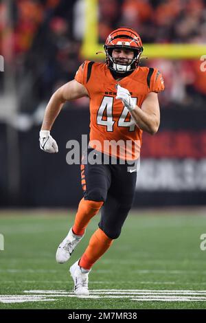 Cincinnati Bengals linebacker Clay Johnston (44) runs for the play during  an NFL wild-card football game against the Baltimore Ravens on Sunday, Jan.  15, 2023, in Cincinnati. (AP Photo/Emilee Chinn Stock Photo 