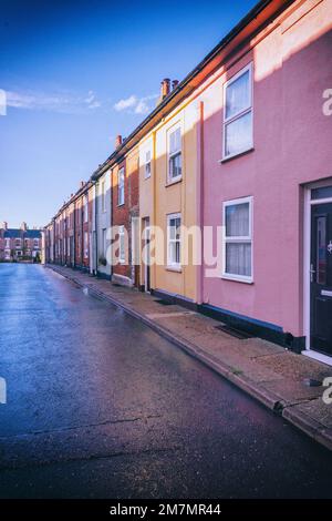 Colourfully painted Victorian terraced houses in Suffolk town of Bury St Edmunds Stock Photo
