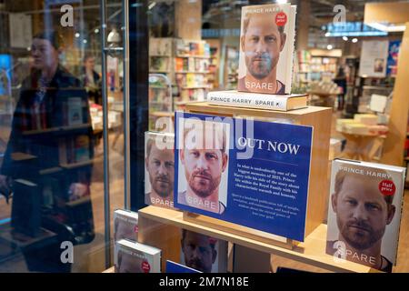 On the day that Prince Harry, the Duke of Sussex's book entitled 'Spare' is published in the UK, hardback copies are revealed and are now on sale in the Waterstones bookstore on Tottenham Court Road, on 10th January 2023, in London, England. Stock Photo