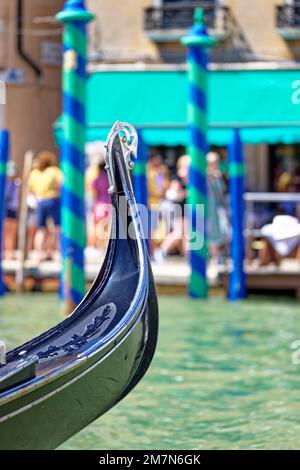 The bow seats of a gondola on the Grand Canal in Venice, fero da prora, metal sheet Stock Photo