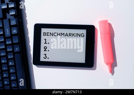 Sign displaying Benchmarking, Concept meaning Evaluate something by ...