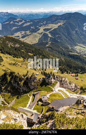 View from Wendelstein peak on mountain landscape, Wendelstein church, Wendelstein, 1838 m, Bayrischzell, Sudelfeld, Glocknergruppe, Hohe Tauern, Upper Bavaria, Bavaria, Germany, Europe Stock Photo