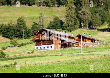 Barn in front of South Tyrolean farmhouse on steep slope at edge of forest Stock Photo