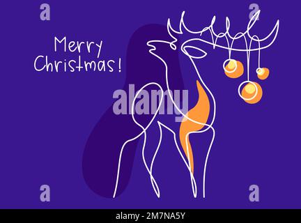 Christmas deer with decorative balls on the antlers silhouette logo. Continuous one line drawing art. Vector illustration with color spots Stock Vector