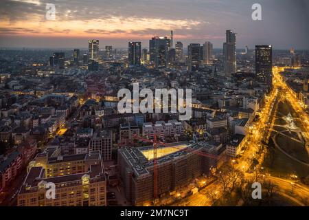 View from the window to the sunset over Frankfurt. Marriott Hotel, Hesse, Germany Stock Photo