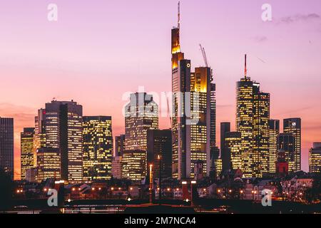 City panorama at sunset, beautiful view over the river Main to the skyline and banks of Frankfurt am Main, Hesse Germany Stock Photo