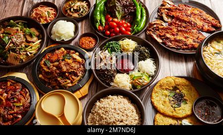 Korean traditional food, stew, bibimbap, traditional alcohol Stock Photo