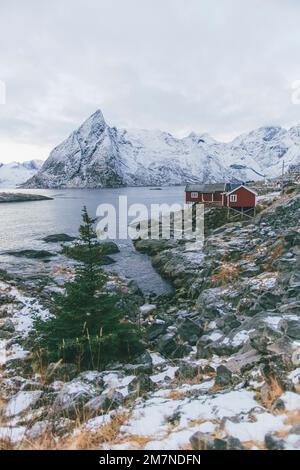 Hamnoy in Lofoten, fishing village, Norway, with red rorbu houses in winter Stock Photo