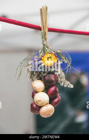 Hanging onion braid on red string, Traditional Zibelemärit, onion market in Bern, Switzerland, edible onions (Allium cepa), close-up, Stock Photo