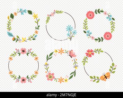 Spring wreath collection. Six seasonal floral decorative wreaths, perfect for bullet journals and frames. Isolated vector elements. Stock Vector