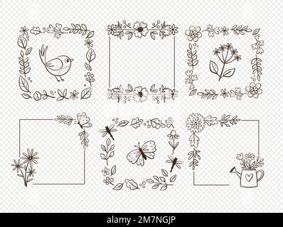 Spring decorative doodle frames. Collection of six cute frames isolated. Seasonal floral decoration. Vector illustration. Stock Vector