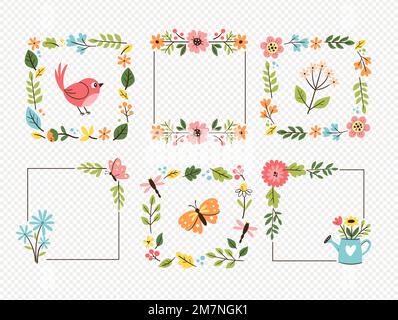 Spring decorative frames. Collection of six cute frames isolated. Seasonal floral decoration. Vector illustration. Stock Vector