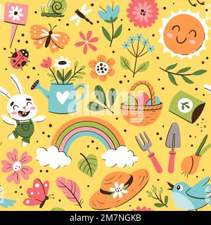 Hand drawn spring seamless pattern with seasonal elements. Flowers, plants and gardening tools. Colorful vector illustration with isolated elements. Stock Vector