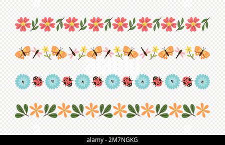 Spring decorative border collection. Seamless borders with floral elements, leaves and butterflies. Isolated elements. Vector illustration. Set 1 of 2 Stock Vector