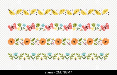 Spring decorative border collection. Seamless borders with floral elements, leaves and butterflies. Isolated elements. Vector illustration. Set 2 of 2 Stock Vector