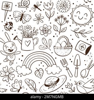 Hand drawn spring seamless pattern with seasonal elements. Flowers, plants and gardening tools. Doodle vector illustration with isolated elements. Stock Vector