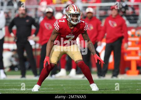 PHILADELPHIA, PA - JANUARY 29: Philadelphia Eagles wide receiver DeVonta  Smith (6) and San Francisco 49ers cornerback Charvarius Ward (7) battle for  the ball during the Championship game between the San Fransisco