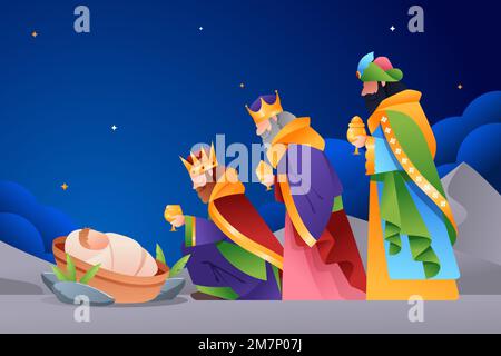 gradient illustration of reyes magos arriving to the nativity scene Stock Photo