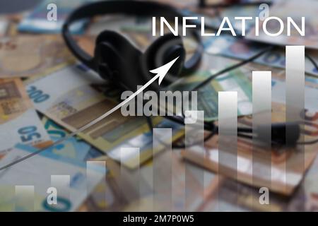 word inflation against background of graph chart of rising inflation rates. Inflation, tax, cash flow and another financial concept. Stock Photo