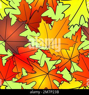 bright autumn seamless pattern of maple yellow and red leaves on a green background, texture, design Stock Photo