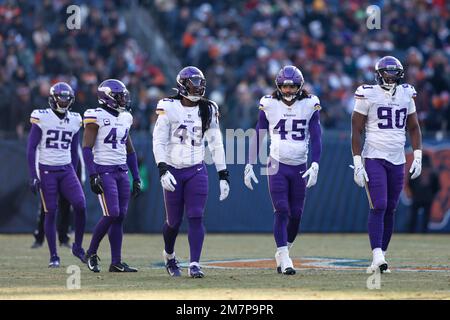 Minnesota Vikings' Esezi Otomewo (90) and Khyiris Tonga celebrate an  interception during an NFL football game against the Chicago Bears Sunday,  Jan. 8, 2023, in Chicago. (AP Photo/Charles Rex Arbogast Stock Photo - Alamy