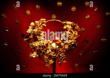 Golden myrtle wreath found at the royal Macedonian tombs at Vergina, Greece, during excavations in the tomb of King Philip II during the 1970's. Stock Photo