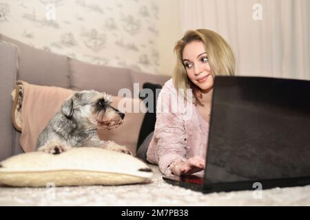 Young Lady is lying on the carpet at home with a laptop and looking at her cute gray dog who is asking for attention Stock Photo