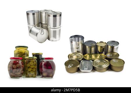 Mix of cans isolated on white background. Copy space. Stock Photo