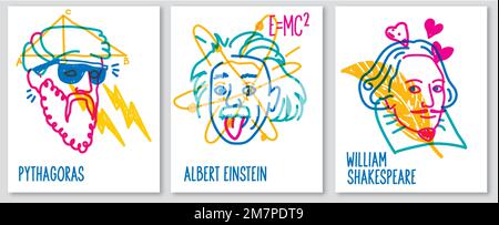Poster of famous people Pythagoras, Albert Einstein, William Shakespeare Stock Vector