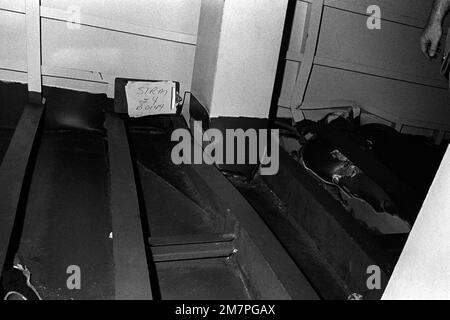 An interior view of damage caused to the aircraft carrier USS MIDWAY (CV41) when it collided with the Panamanian freighter CACTUS. Base: Naval Station, Subic Bay State: Luzon Country: Philippines (PHL) Stock Photo