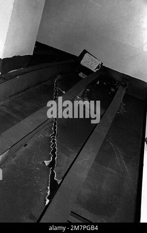 An interior view of damage caused to the aircraft carrier USS MIDWAY (CV41) when it collided with the Panamanian freighter CACTUS. Base: Naval Station, Subic Bay State: Luzon Country: Philippines (PHL) Stock Photo