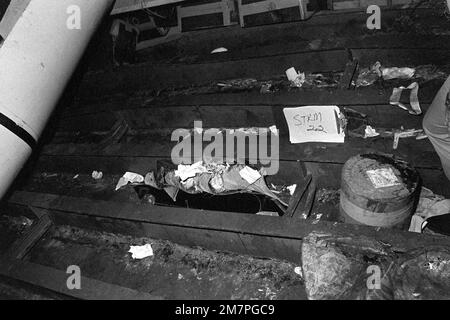 An interior view of damage caused to the aircraft carrier USS MIDWAY (CV41) in a collision with the Panamanian freighter CACTUS. Base: Naval Station, Subic Bay State: Luzon Country: Philippines (PHL) Stock Photo